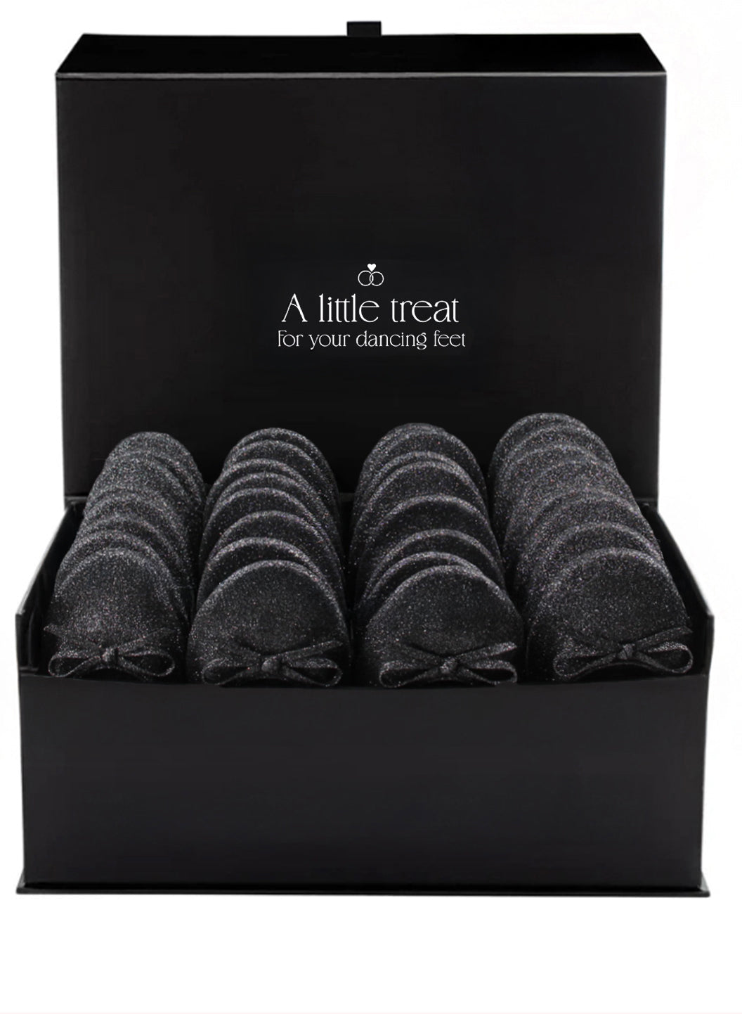 PRE-ORDER Foldable Flats Wedding Box | 20 Pairs of Sparkle Black Flats in a Black Display Box