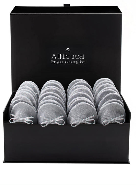 PRE-ORDER Foldable Flats Wedding Box | 20 Pairs of Sparkle Silver Flats in a Black Display Box