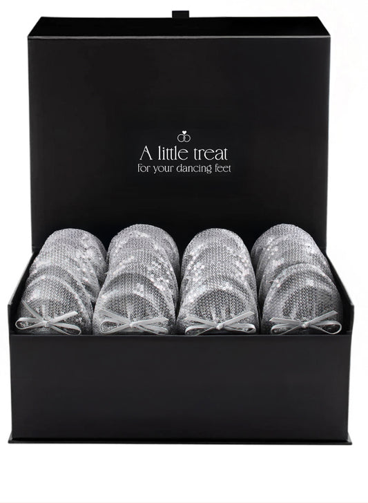 PRE-ORDER Foldable Flats Wedding Box | 20 Pairs of Sequined Silver Flats in a Black Display Box