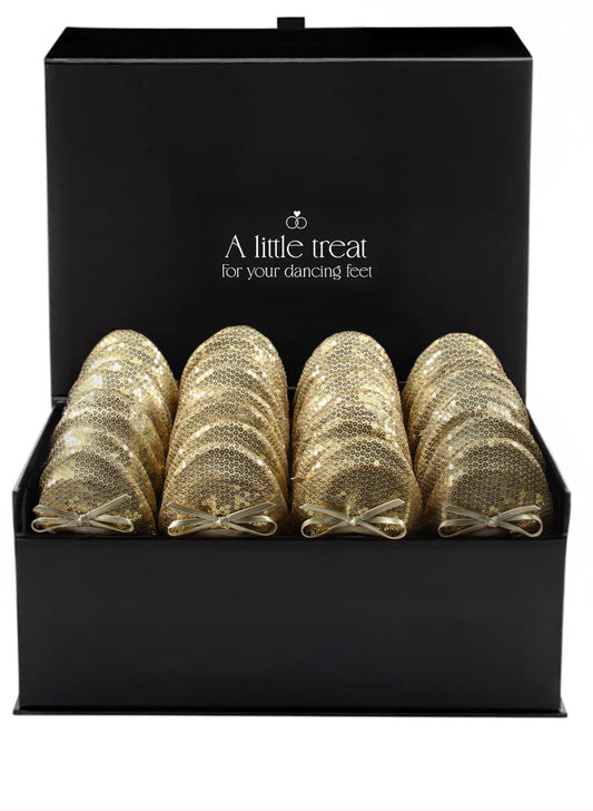 PRE-ORDER Foldable Flats Wedding Box | 20 Pairs of Sequined Gold Flats in a Black Display Box