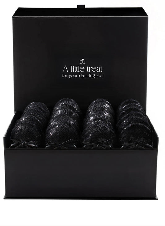 PRE-ORDER Foldable Flats Wedding Box | 20 Pairs of Sequined Black Flats in a Black Display Box