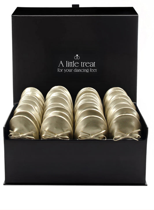 PRE-ORDER Foldable Flats Wedding Box | 20 Pairs of Gold Flats in a Black Display Box