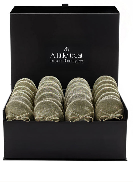 PRE-ORDER Foldable Flats Wedding Box | 20 Pairs of Sparkle Gold Flats in a Black Display Box