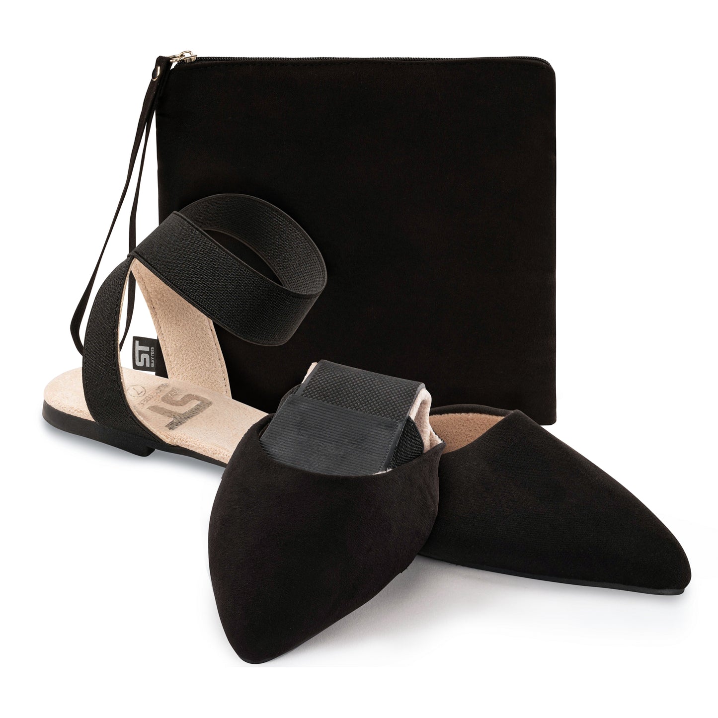 Silky Toes Foldable Flats for Women Dress Ankle Strap Shoes with Purse Black Suede