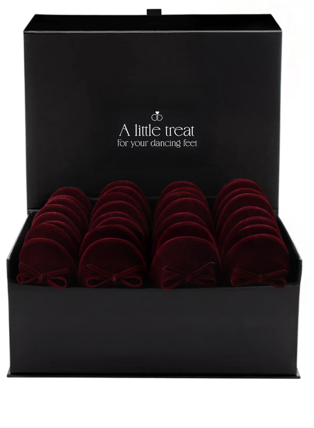 PRE-ORDER Foldable Flats Wedding Box | 20 Pairs of Velvet Burgundy Flats in a Black Display Box