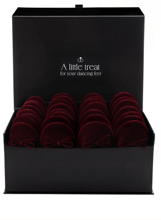 PRE-ORDER Foldable Flats Wedding Box | 20 Pairs of Velvet Burgundy Flats in a Black Display Box