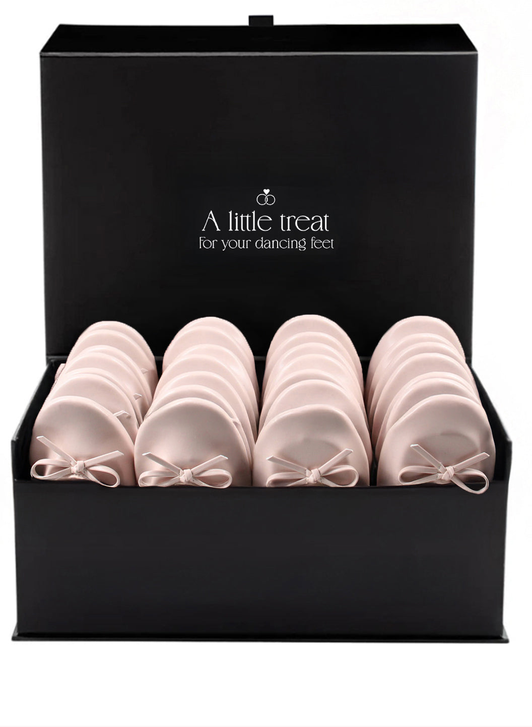 PRE-ORDER Foldable Flats Party Box | 20 Pairs of Velvet Ballet Pink Flats in a Black Display Box