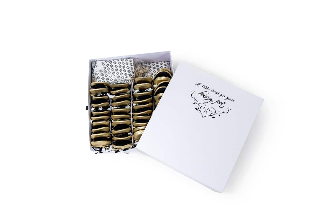 Foldable Flats Party Box | 20 Pairs of Gold Flats in White Display