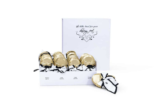 Foldable Flats Party Box | 20 Pairs of Gold Flats in White Display