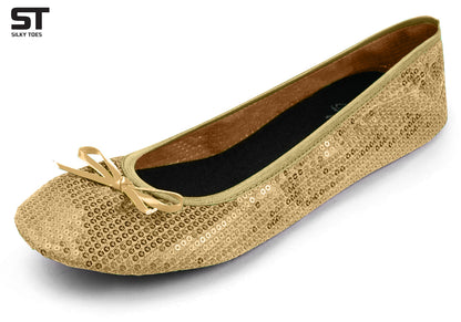 PRE-ORDER Foldable Flats Party Box | 20 Pairs of Sequined Gold Flats in a Black Display Box