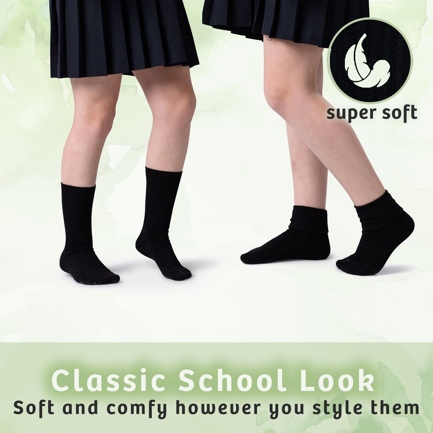 Girls Boys Turn Cuff Bamboo Casual Socks, Triple Roll Dress Crew Socks