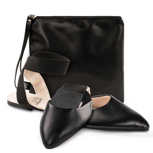 Silky Toes Foldable Flats for Women Dress Ankle Strap Shoes with Purse Black Suede